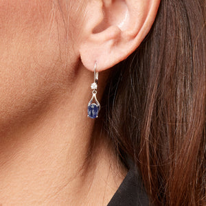 Oval Blue Sapphire Wishbone Dangle Earrings with Diamonds in 14kt White Gold