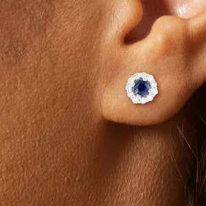 Blue Sapphire and Diamond Halo Earrings in 14kt White Gold