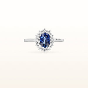 Oval Blue Sapphire Ring with Diamond Halo in 14kt White Gold