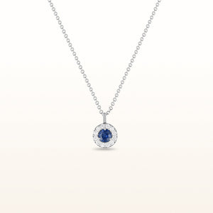Round 3.0 mm Blue Sapphire and Diamond Margarita Halo Pendant in 14kt White Gold