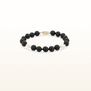 Black Onyx Bead and Pearl Bracelet in 14kt Yellow Gold