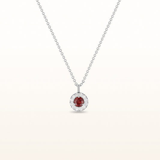 Round 4.2 mm Ruby and Diamond Margarita Halo Pendant in 14kt White Gold