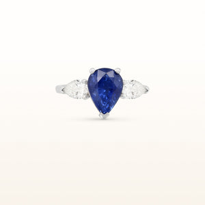Pear Shaped Blue Sapphire and Diamond Three-Stone Ring in 14kt White Gold