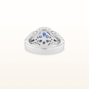 Cushion Cut Blue Sapphire and Diamond Three-Stone Ring in 18kt White Gold