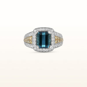 One-of-a-Kind Indicolite Tourmaline and Diamond Halo Ring in 18kt White Gold