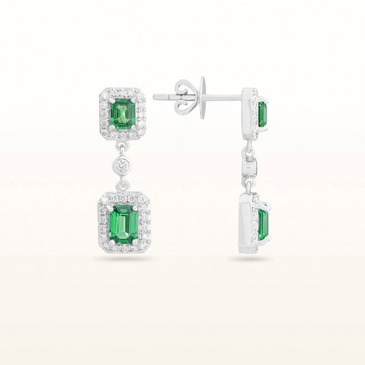 Tsavorite Garnet and Diamond Halo Drop Earrings in 14kt White Gold