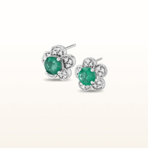 Emerald and Diamond Flower Stud Earrings in 14kt White Gold