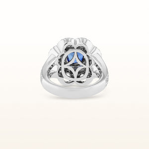 One-of-a-Kind Cushion Cut Blue Sapphire and Diamond Floral-Inspired Statement Ring in 18kt White Gold