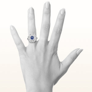 One-of-a-Kind Cushion Cut Blue Sapphire and Diamond Floral-Inspired Statement Ring in 18kt White Gold