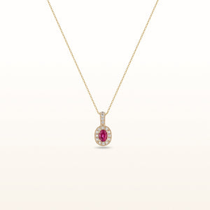 Oval Ruby Pendant with Diamond Halo in 14k Yellow Gold
