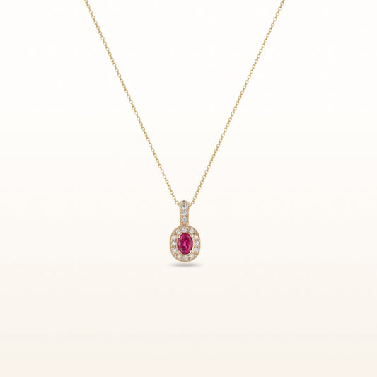 Oval Ruby Pendant with Diamond Halo in 14k Yellow Gold