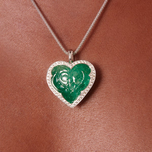 Heart-Shaped Carved Emerald and Diamond Halo Pendant in 18kt White Gold