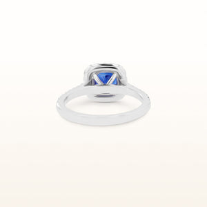 Cushion Cut Blue Sapphire and Diamond Halo Ring in 14kt White Gold