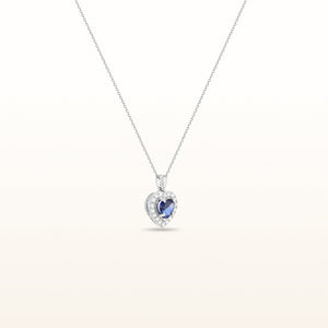 Blue Sapphire Heart and Diamond Halo Pendant in 14kt White Gold