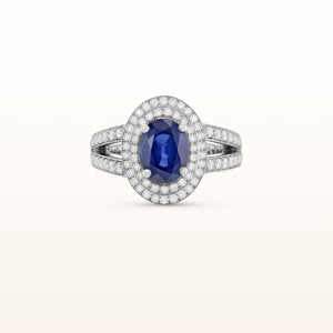 Oval Blue Sapphire and Diamond Double Halo Ring in 18kt White Gold