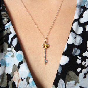 Yellow Sapphire and Diamond Skeleton Key Pendant in 14kt Yellow Gold