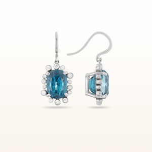 One-of-a-Kind Blue Zircon and Diamond Halo Drop Earrings in 14kt White Gold