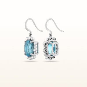 One-of-a-Kind Blue Zircon and Diamond Halo Drop Earrings in 14kt White Gold