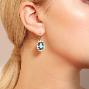 One-of-a-Kind Blue Zircon and Diamond Halo Drop Earrings in 14kt White Gold