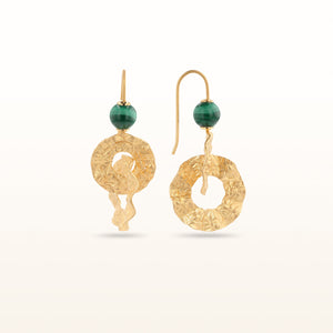Yellow Gold Plated 925 Sterling Silver Interlocking Circle and Malachite Bead Earrings