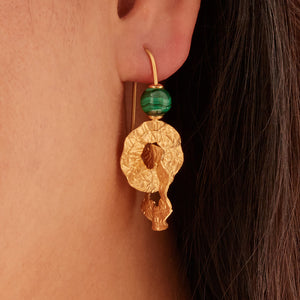 Yellow Gold Plated 925 Sterling Silver Interlocking Circle and Malachite Bead Earrings