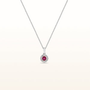 Round Ruby and Diamond Halo Pendant in 14kt White Gold