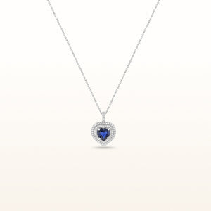 Blue Sapphire and Diamond Double Halo Heart Pendant in 14kt White Gold