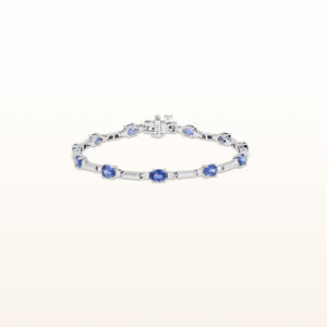Oval Blue Sapphire and Round Diamond Bar Link Bracelet in 14kt White Gold
