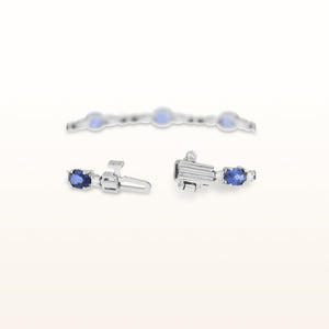 Oval Blue Sapphire and Round Diamond Bar Link Bracelet in 14kt White Gold