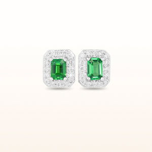 Emerald Cut Tsavorite Garnet and Diamond Halo Stud Earrings in 14kt White Gold