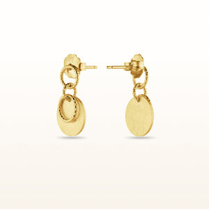 Yellow Gold Plated 925 Sterling Silver Brushed Disc and Circle Link Petite Drop Earrings