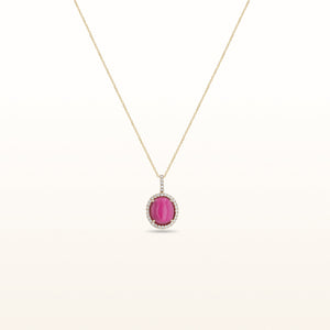 11.28 ct Oval Cabochon Rubellite Pendant with Diamond Halo in 14kt Yellow Gold