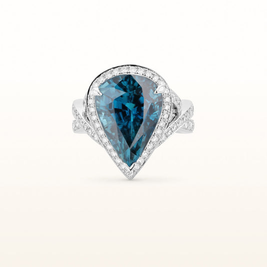 Pear-Shaped Blue Zircon Ring with Diamond Halo in 18kt White Gold