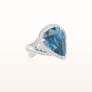 Pear-Shaped Blue Zircon Ring with Diamond Halo in 18kt White Gold