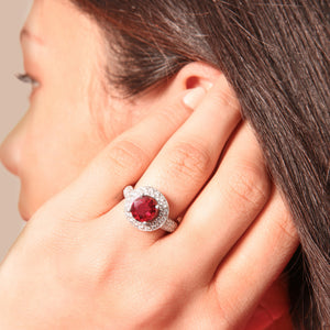 Round Ruby and Diamond Halo Ring in 18kt White Gold
