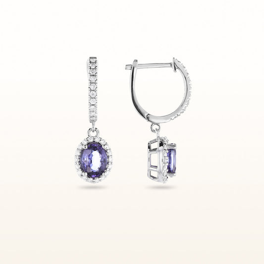 Oval Tanzanite and Diamond Halo Dangle Earrings in 14kt White Gold