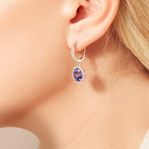 Oval Tanzanite and Diamond Halo Dangle Earrings in 14kt White Gold