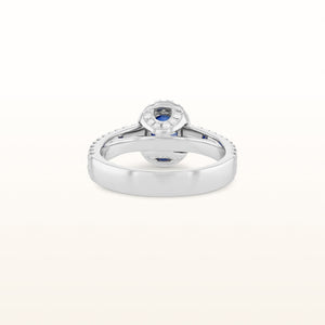 Oval Blue Sapphire and Diamond Halo Ring in 18kt White Gold