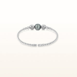Cultured Tahitian Black Pearl and Diamond Flexible Beaded Cuff Bracelet in 18kt White Gold