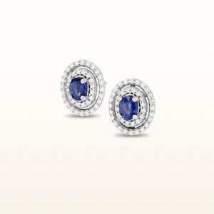 Oval Blue Sapphire and Diamond Double Halo Earrings in 14kt White Gold
