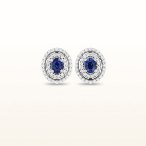 Oval Blue Sapphire and Diamond Double Halo Earrings in 14kt White Gold