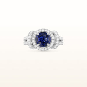 3.43 ctw Round Blue Sapphire and Diamond Bow Ring in 18kt White Gold