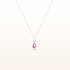 Pear Shaped Pink Morganite and Diamond Halo Pendant in 14kt White Gold