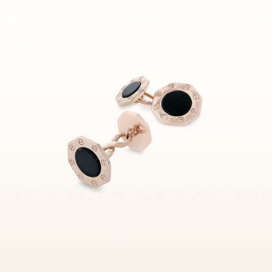 Rose Gold Plated 925 Sterling Silver Octagonal Button-Style Cufflinks with Black Center Stone