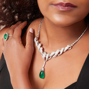 LeoDaniels Signature Briolette Cut Emerald and Round Diamond Statement Necklace in 18kt White Gold