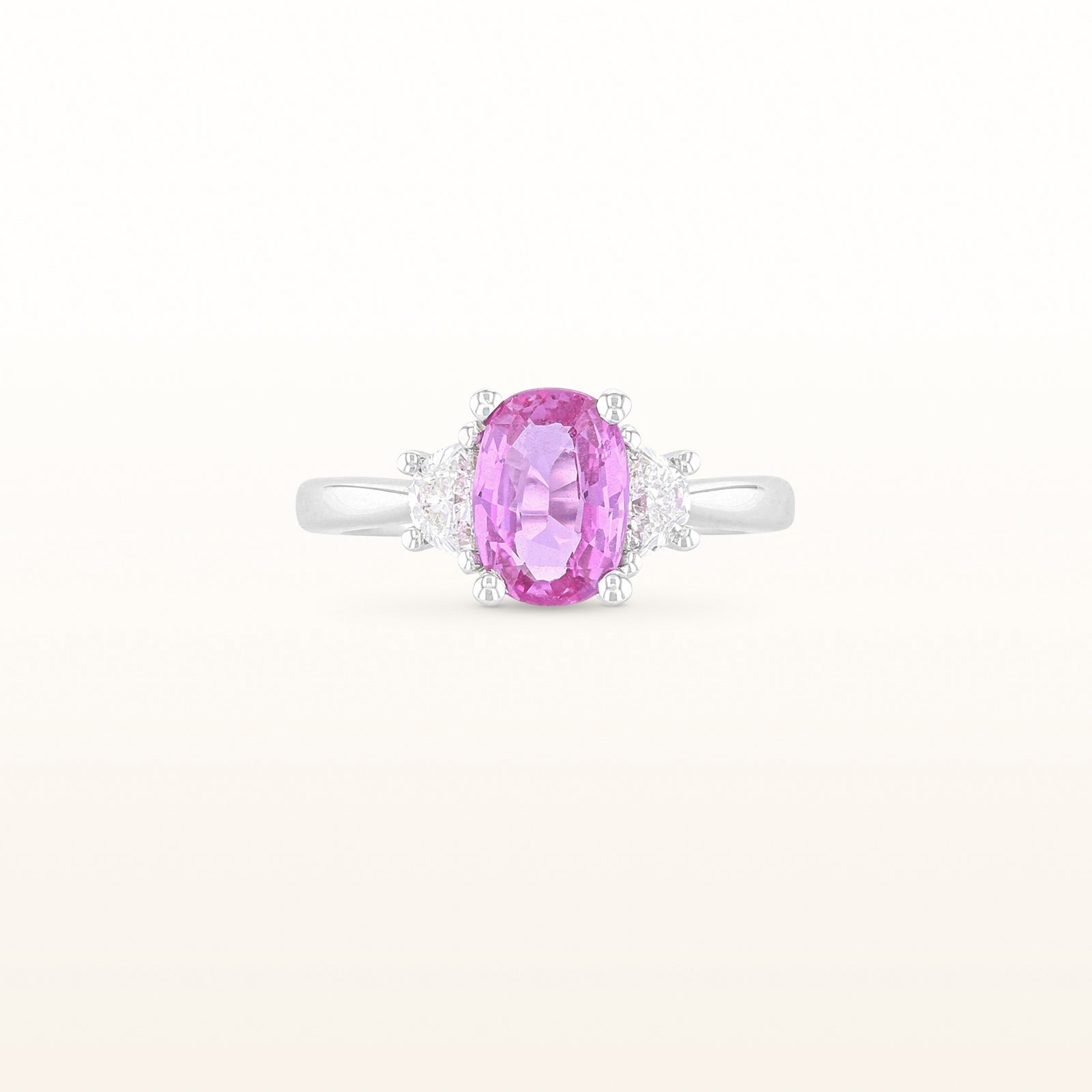 Oval Pink Sapphire and Half Moon Diamond Three-Stone Ring in 14kt White Gold