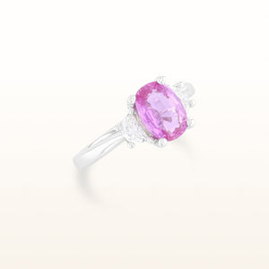 Oval Pink Sapphire and Half Moon Diamond Three-Stone Ring in 14kt White Gold