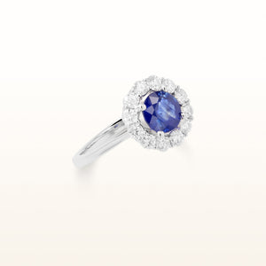 Round Blue Sapphire Ring with Diamond Halo in 14kt White Gold