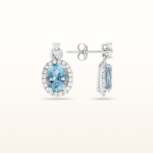 3.72 ctw Oval Aquamarine and Diamond Halo Drop Earrings in 18kt White Gold