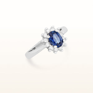 Oval Blue Sapphire and Diamond Halo Ring in 14kt White Gold